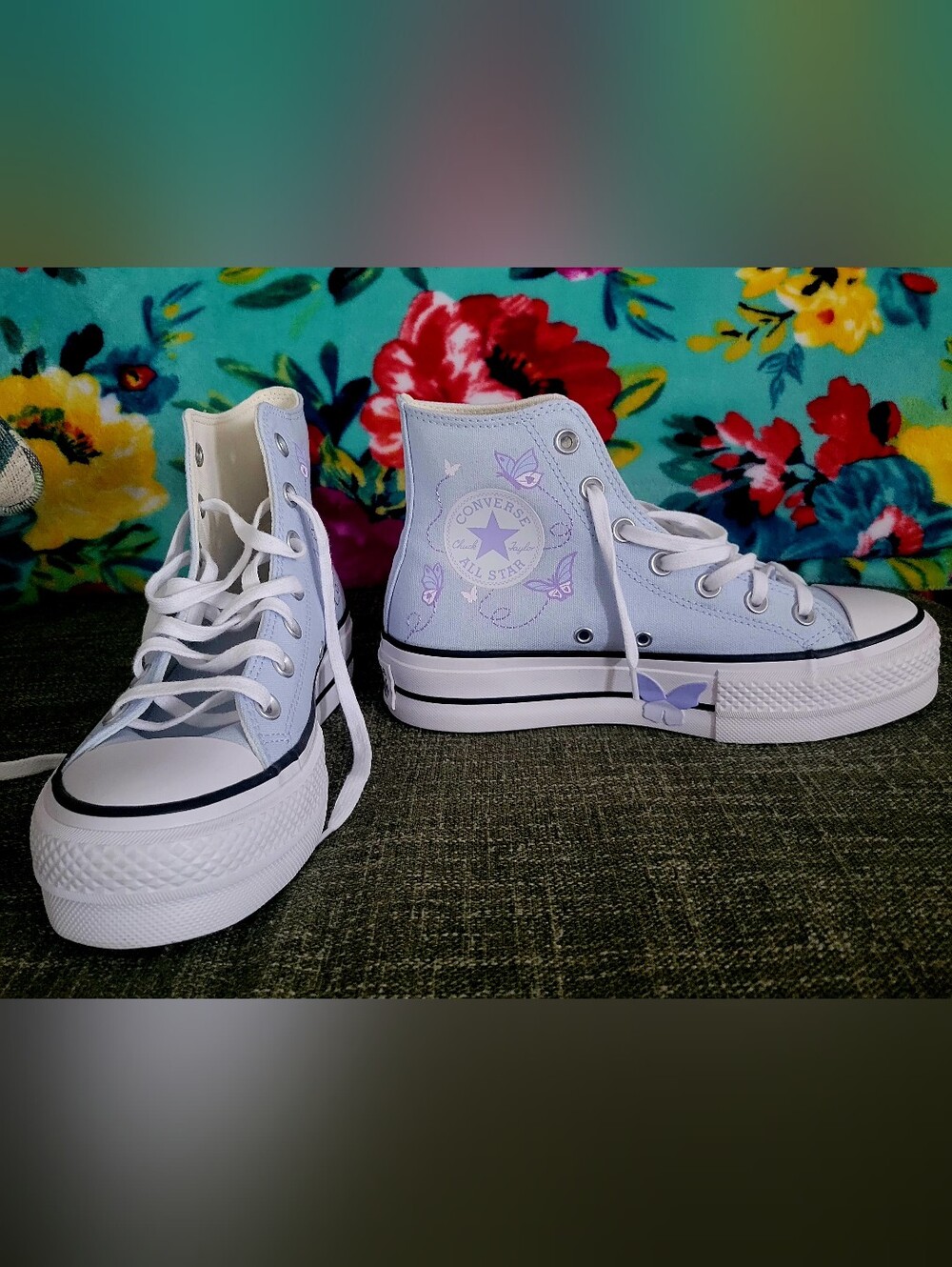 Converse High-Top Sneakers in Light Blue and White with Lavender Accents